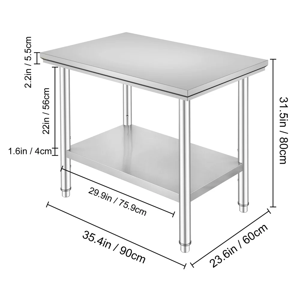 Heavy Duty Stainless Steel Prep Table 35x24x31 Inch Commercial Work Surface Adjustable Shelves 700 lbs Capacity NSF Certified