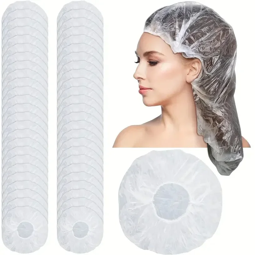 50pcs Extra Large Thick Disposable Shower Caps Elastic Shower Hair Dye Cap For Travel Hotels SPA Hair Salon Barber Shop