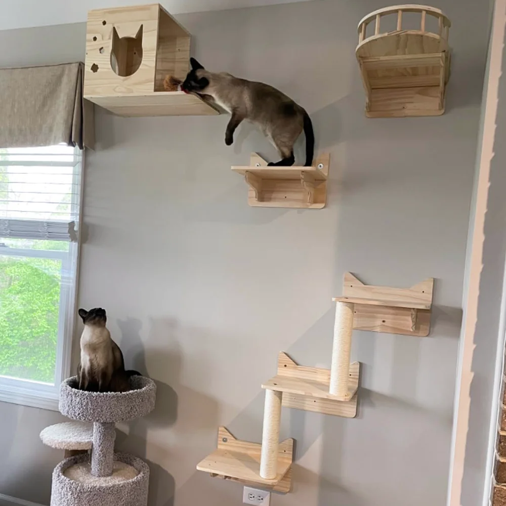 Cat Wall-mounted Wooden Pet Furniture Climbing Frame Cat Hammock Sisal Ladder Cat Tree and Tower For Kittens Indoor Play