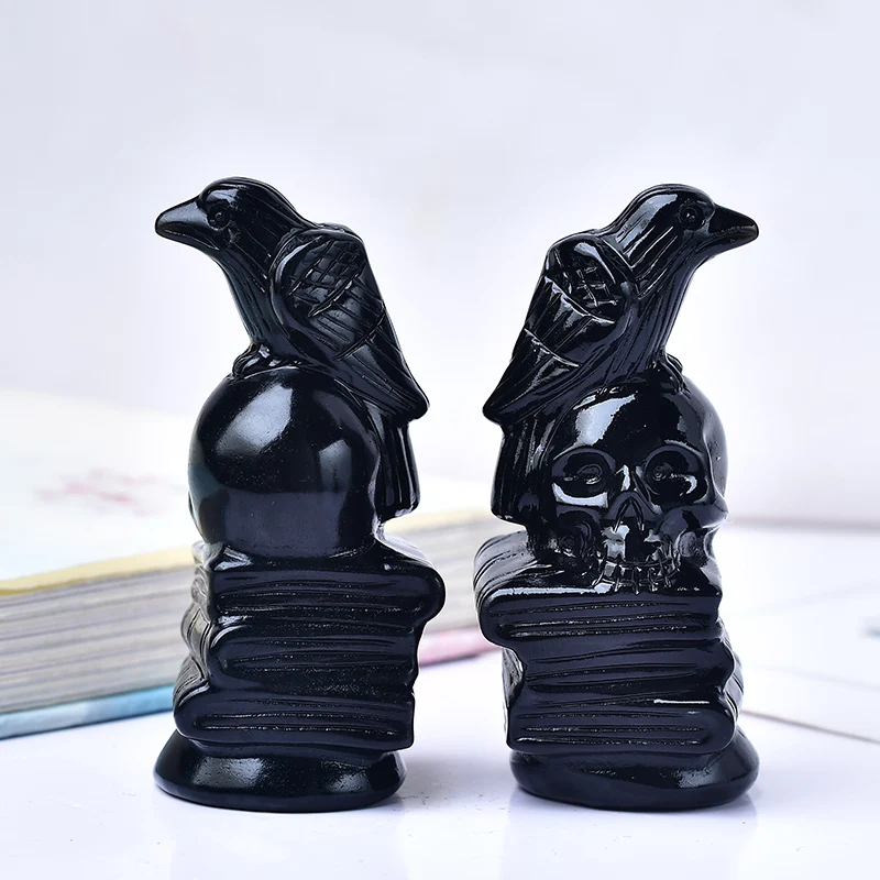 Natural Obsidian Hand Carved Book Crow Skull Family Home Ornament Perfect Gift for Bird Lovers - Animal Spirit Stone - Mineral
