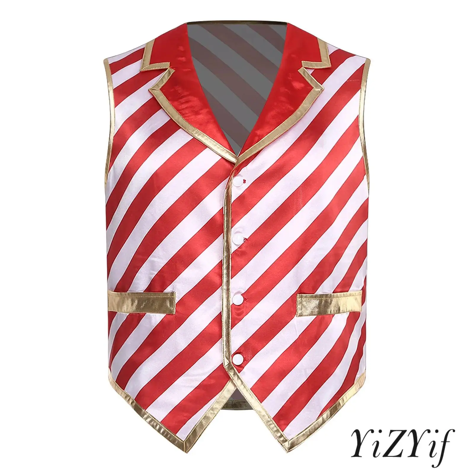 

Mens Christmas Candy Cane Striped Vest Metallic Shiny Trim V Neck Pointed Hem Waistcoat Tank Top for Xmas Elf Circus Cosplay