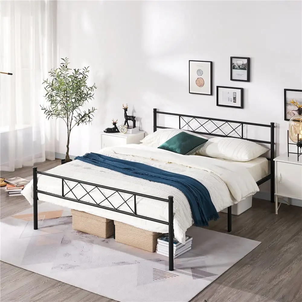 

Metal Platform Bed Frame with Headboard and Footboard Queen Size Black 83'' L X 63'' W X 35'' H Sturdy