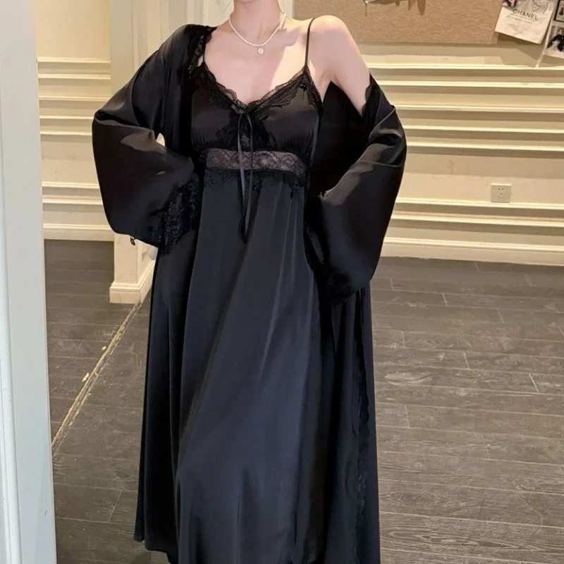 Spring New Nightgown Women Bride Wedding Dress Sweet Lace Patchwork Robe Set Nightdress Elegant Lingerie Summer Long Kimono Gown