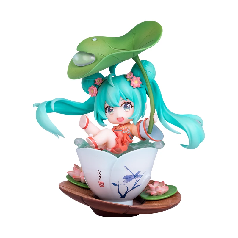 Genuine Hatsune Miku Playing in The Lotus Pond Q Version Collectible Hand Model Desktop Ornaments MIKU Joint Doll Gift