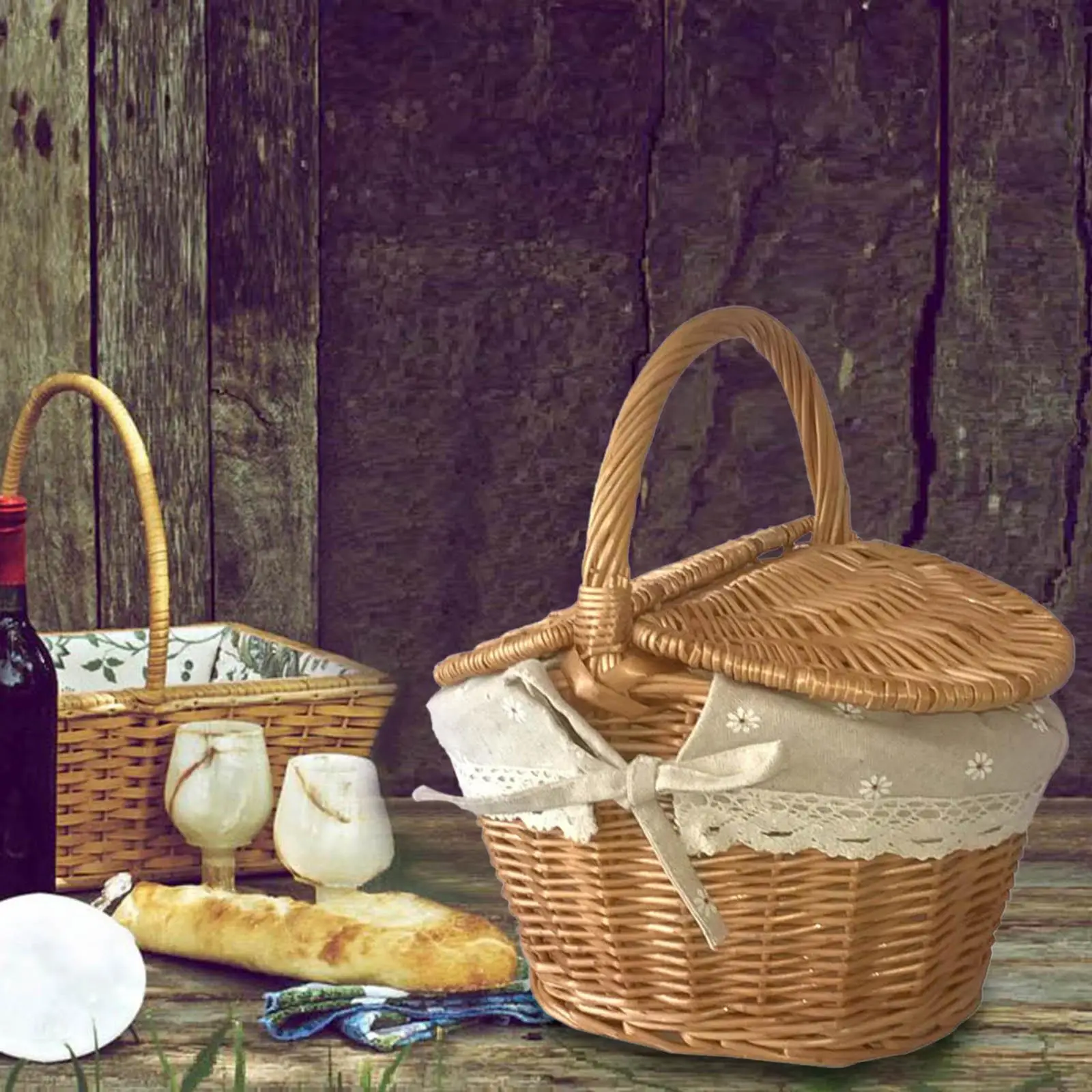 Hand Woven Wicker Picnic Basket with Washable Lining for Outdoor Camping