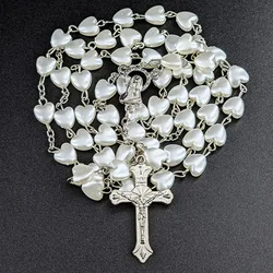White Heart Rosary Necklace For Women Virgin Mary Cross INRI Pendant Long Chain Men Religion Prayer Party Jewelry Accessories