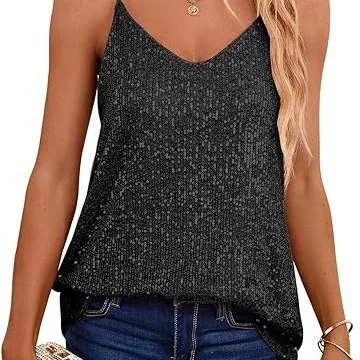 New Style Amazon Europe DrapedLoose-Fit Sequins V-Neck Sleeveless Casual Sequins Deep V Tank Top For Women Fashion