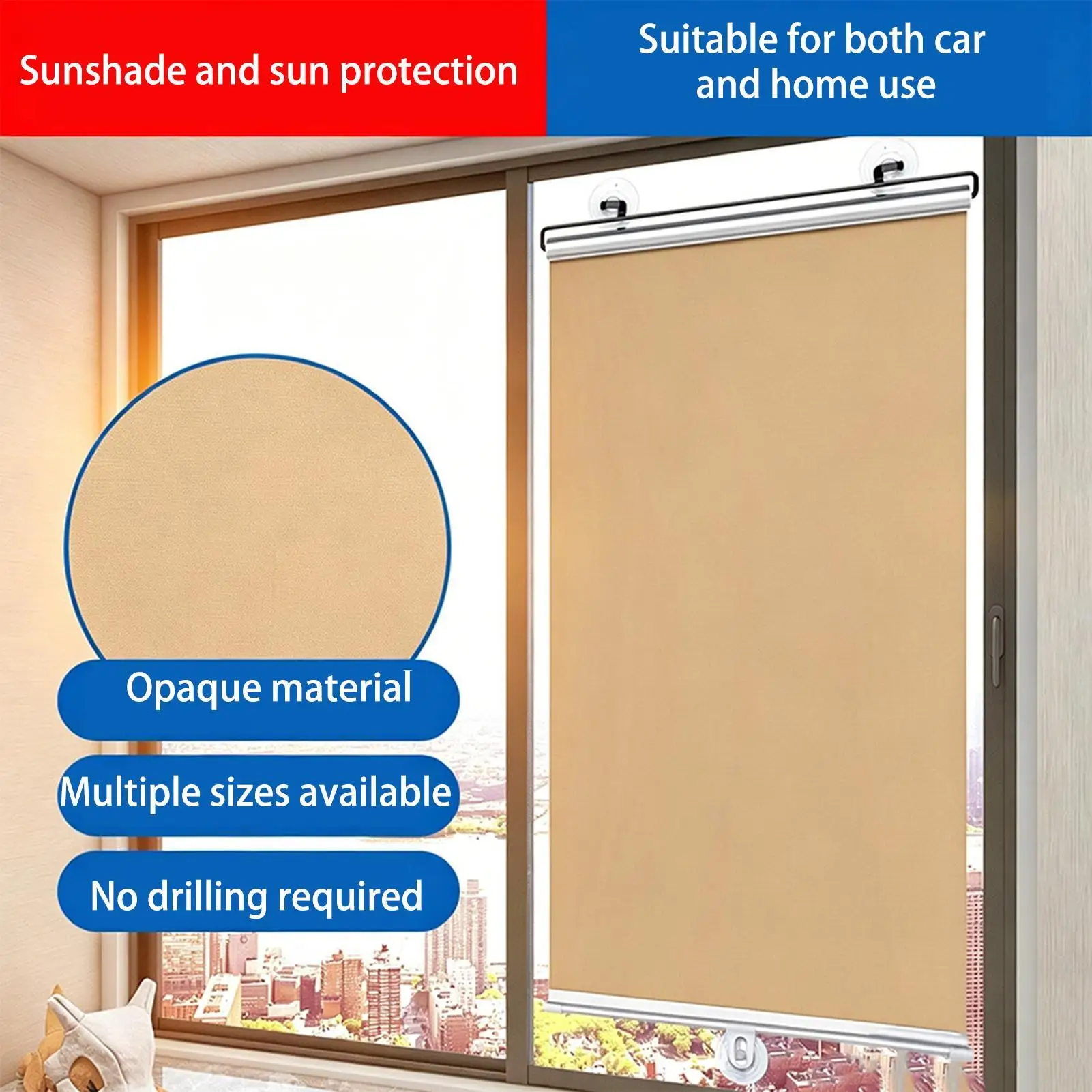 Titanium Silver Sunshade Full Blackout Heat Insulation No Punching Suction Cup Foldable Roller Shade for Home Office Cars Window view 5