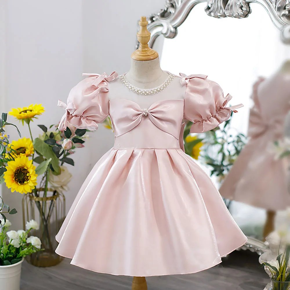 

HETISO платье на первый день рождения для девочек, детское платье для дня рождения с бисером, детские праздничные свадебные платья принцессы с розовым бантом