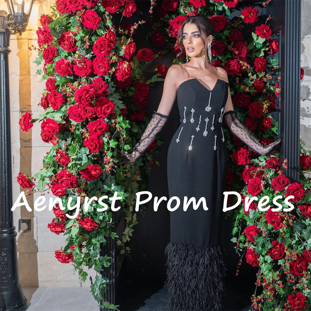 Aenyrst-Vestidos de Noche de plumas sin tirantes para mujer, vestido de graduación de satén de cristal recto, largo hasta el suelo, vestidos de fiesta formales, negro