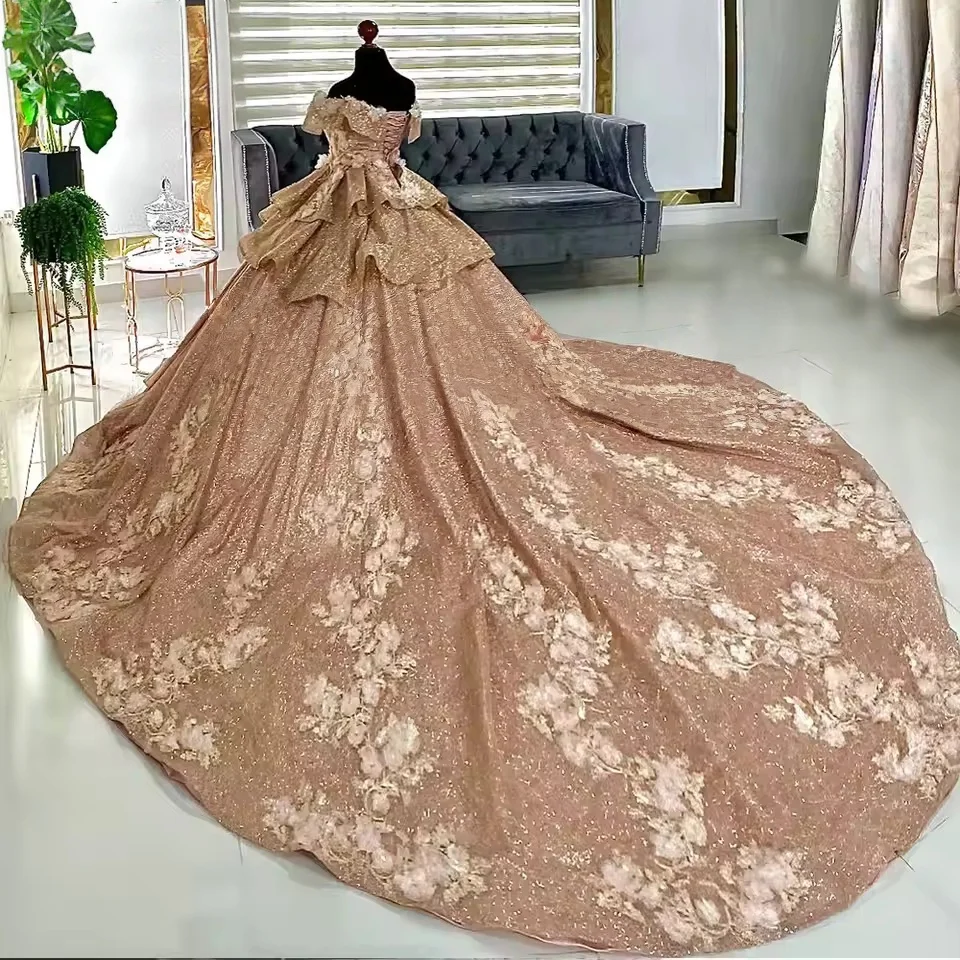 فساتين Quinceanera المنتفخة ثوب الكرة قبالة الكتف الأزهار سباركلي الحلو 16 فساتين 15 Años المكسيكي حسب الطلب