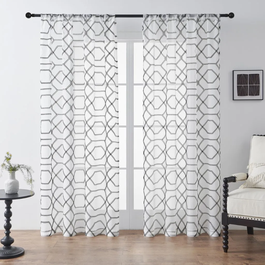 2PCS geometric line printed chiffon curtains, bedroom, living room, filter curtains, modern printed curtains
