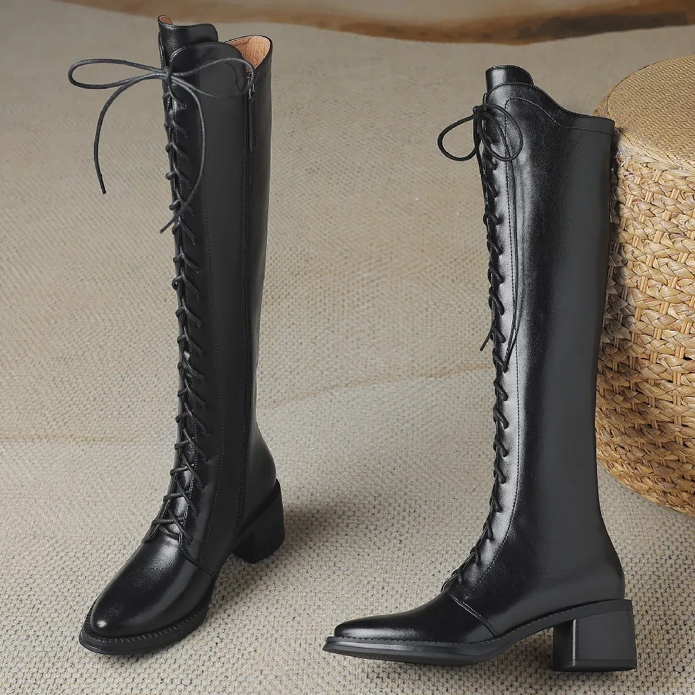 Women's genuine leather lace-up knee high knight boots pointed toe side zip 5cm thick low heel winter long boots shoes for woman