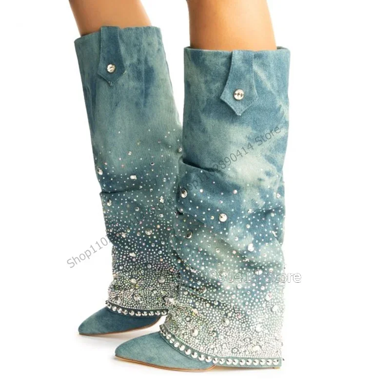 

Blue Denim Rhinestone Rivets Decor Pointed Toe Boots Turned Over Women Shoes Thin High Heels Fashion 2023 Zapatos Para Mujere