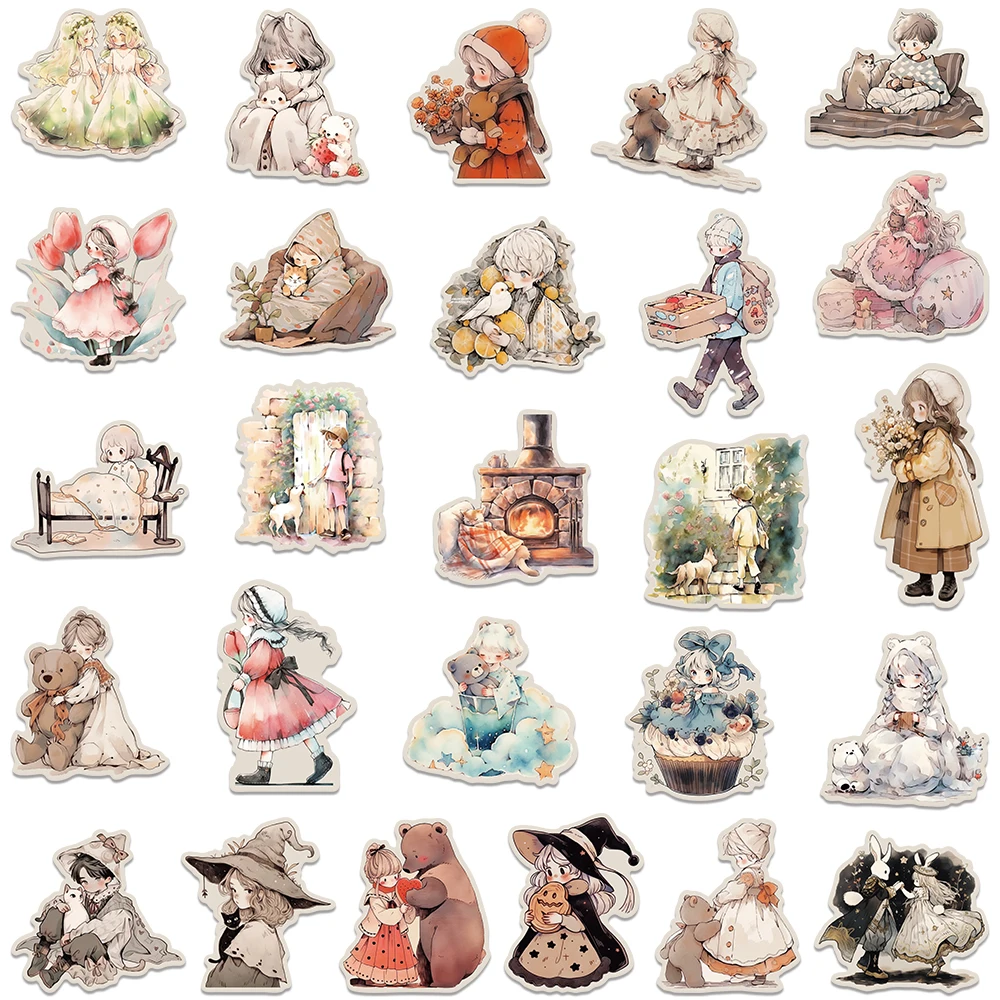 50pcs Vintage Cartoon Fairy Tale Girls Stickers Aesthetic Girls Laptop Water Bottle Luggage Notebook DIY Waterproof Stickers