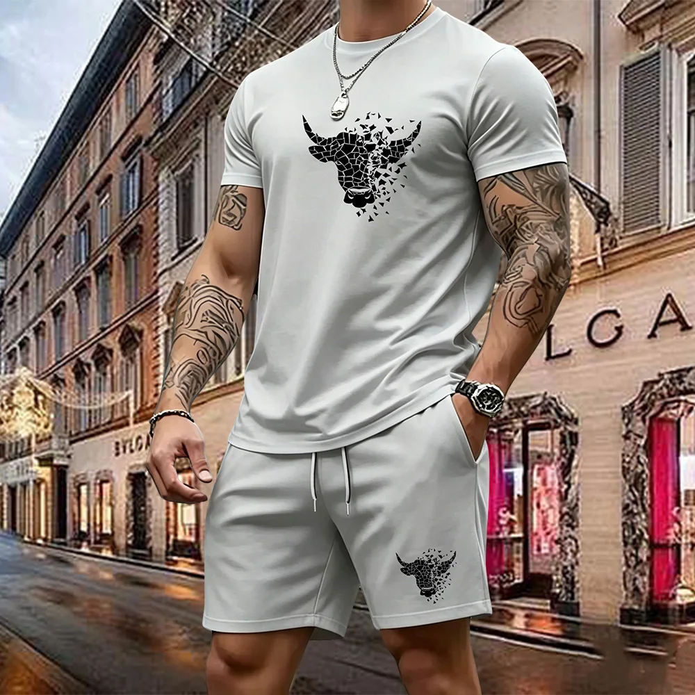 

Men's summer fashion casual loose cow head print sports round neck short sleeved T-shirt versatile top set