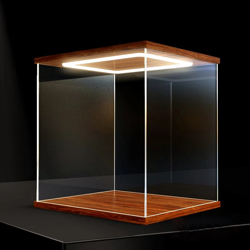 

Walnut Color Storage Box with Ring LED Lights for POP Toys, Acrylic Clear Display Cabinet with Door for Collections, Toys
