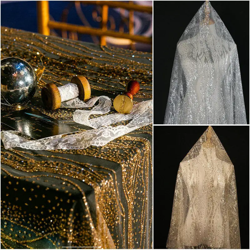 

Свадебная волнистая тюлевая ткань цвета шампань, золотистая, серебристая, черная, белая, для свадебных платьев, фоновая тюлевая ткань, бронзирующая сетчатая тюль с пайетками