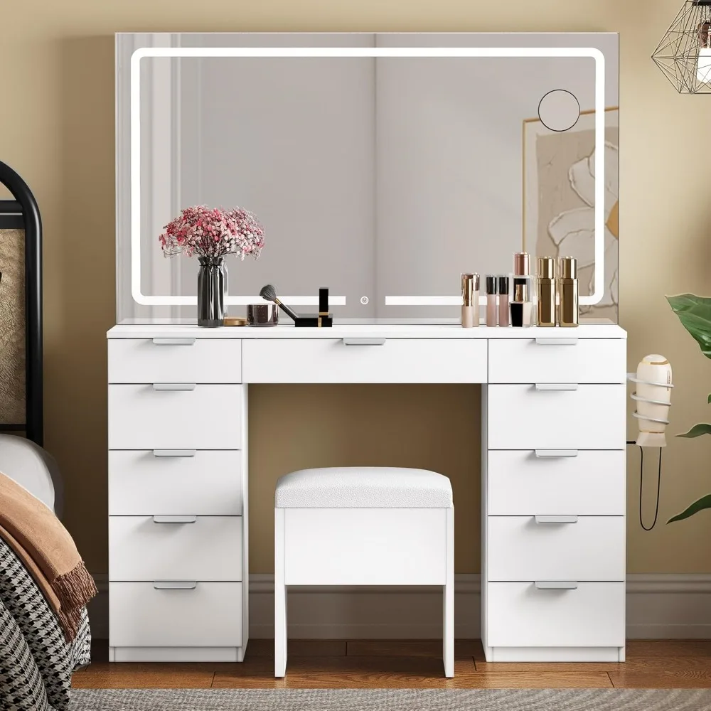 Makeup Vanity with LED Illuminated Mirror & Power Outlet, 46'' Vanity Desk Set Boasting 11 Drawers, Dressing Table with Storage