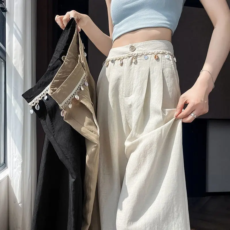 

High-end Linen Ice Silk Suit Pants 2026 Summer Pants Women's Thin Loose Straight Casual Wide Legs