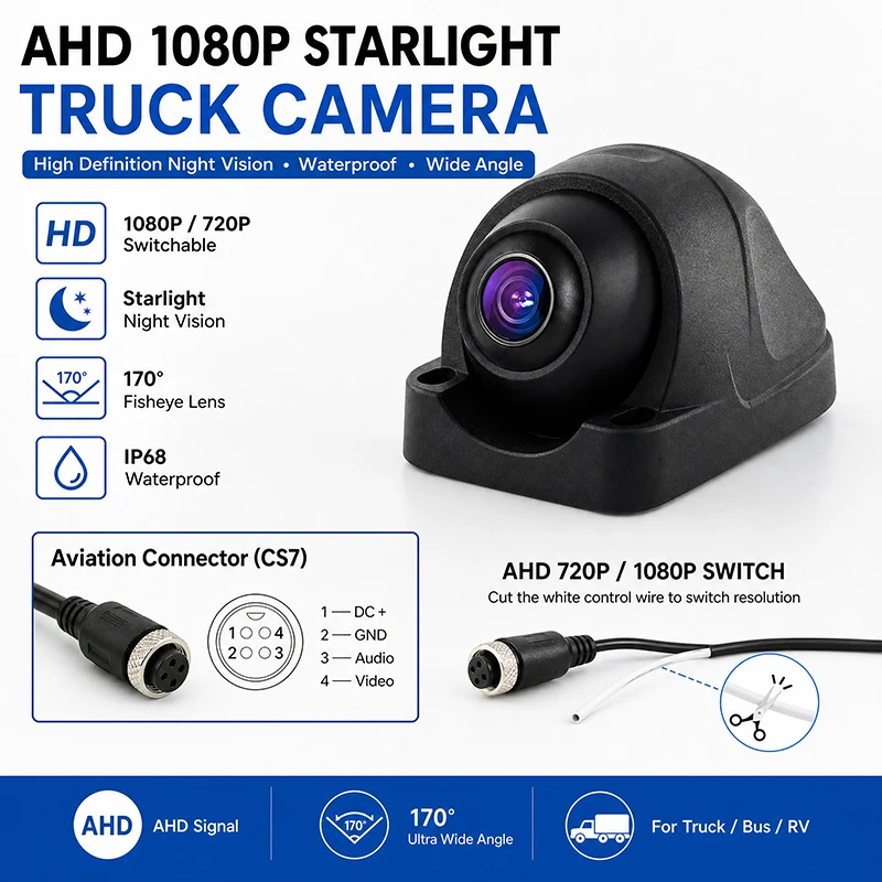 JISUIDA 12V 36V AHD Truck Bus Harvester HD 1080 720P Right Blind Area Side View Vehicle Camera for Left Right Monitor