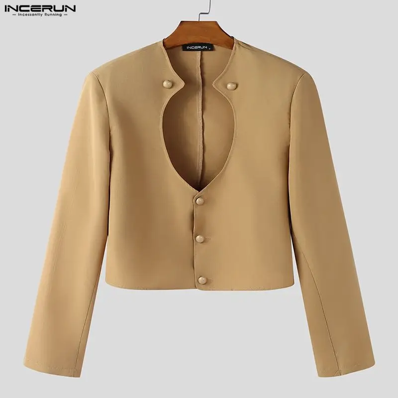 

INCERUN Men Blazer Solid Color Long Sleeve Button Male Suit Streetwear Hollow Out Fashion Casual Crop Coats Men Blazer S-5XL