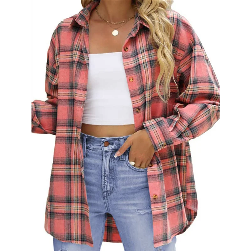 

Фланелевые рубашки в клетку CYL для женщин, большие рубашки на пуговицах с длинными рукавами, блузки, топы
