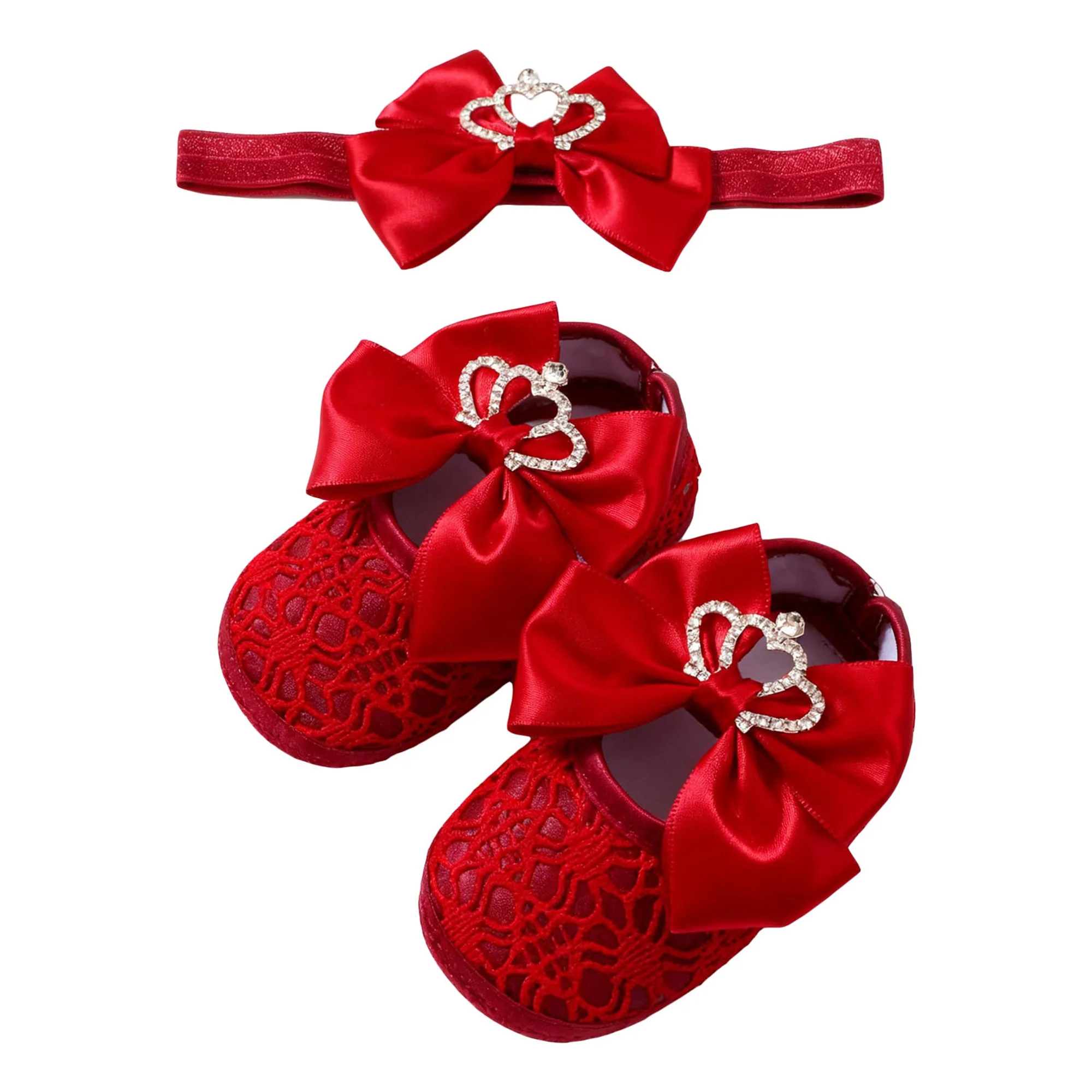 Baby Girls Princess Shoes and Headband Set Crown Bow Decor Lace Soft Non-slip Bottom First Walking Shoes