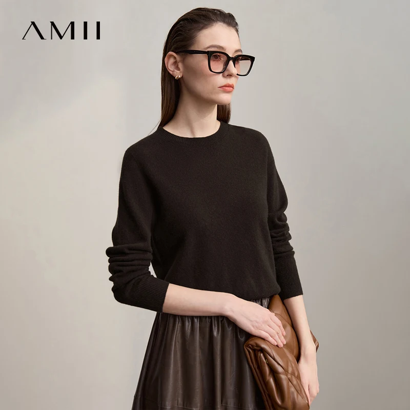 

AMII женский свитер с круглым вырезом и длинными рукавами, свободный кашемировый свитер, женский зимний свитер 2029, новый универсальный базовый шерстяной топ, женский 12543195