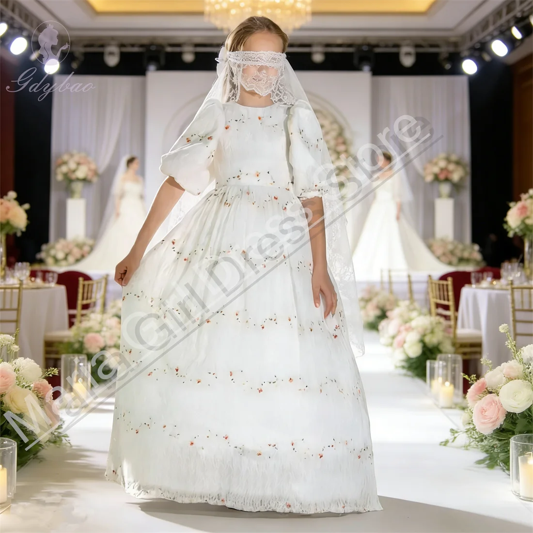 Embroidered Sticker Customized Flower Girl Dress Balloon Sleeve First Communion Dress Kids Custom Wedding Beauty Pageant Gown