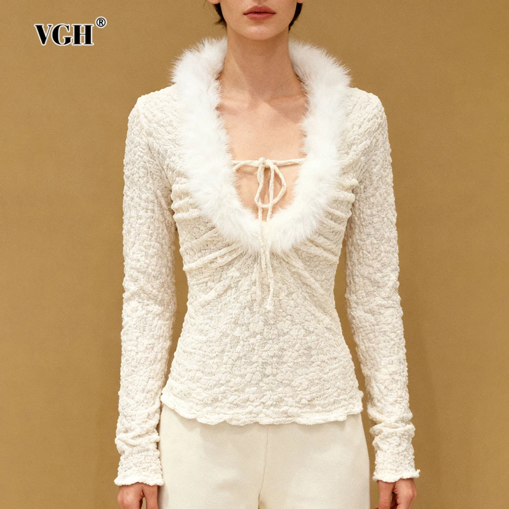 

VGH Sweet Style Patchwork Lace Up Knitting T Shirt for Women V Neck Spliced Fur Long Sleeve Slimming Autumn Top Female Fashion