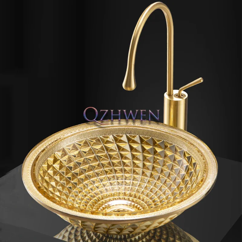 Bathroom Sink Light Luxury Round Crystal Glass Countertop Washbasin Washroom Toilet Vessel Sink Noble Golden Glass Bowl Basin