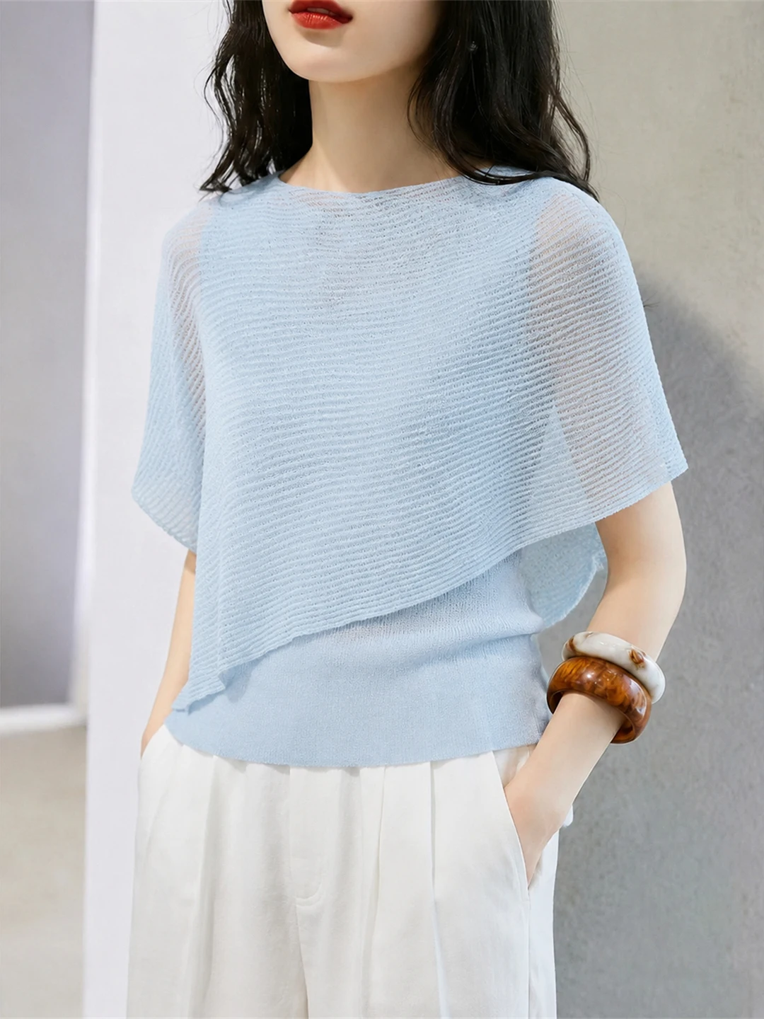 Elegant Sweet Ice Silk Knitted Sweater Fashionable Summer Cape Design Korean Style Loose Fit Short Sleeve round Neck Top