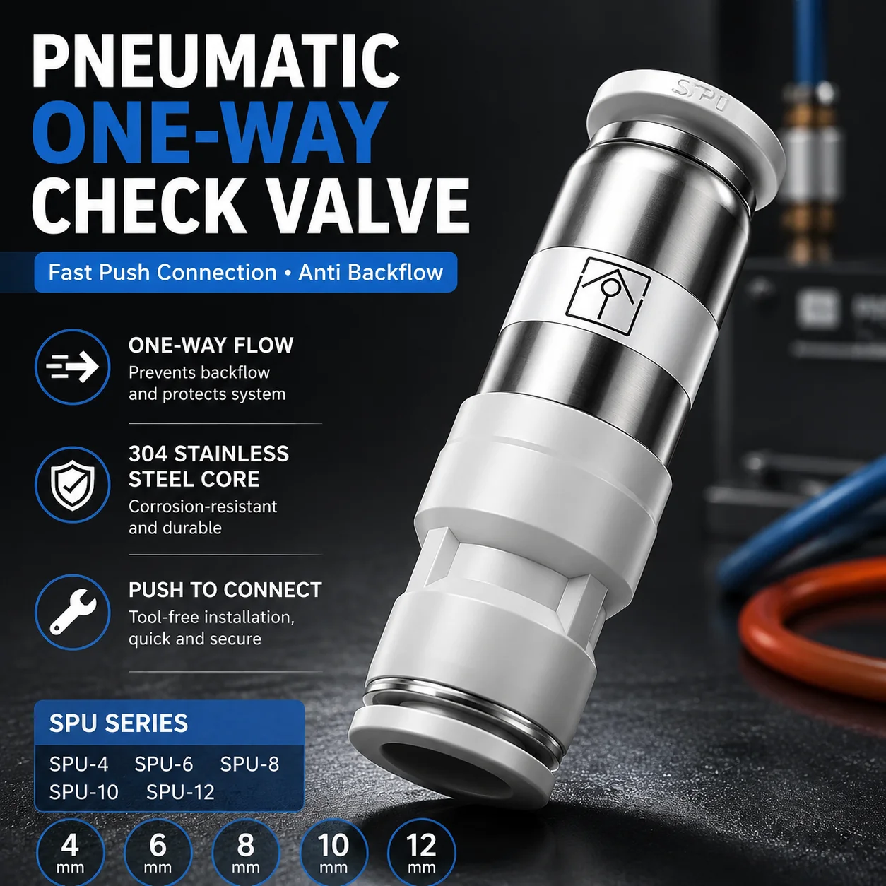 Pneumatic Check Valve Push to Connect Air Fitting 4-12mm One Way Non Return Valve 304 Stainless Steel Core for Air System