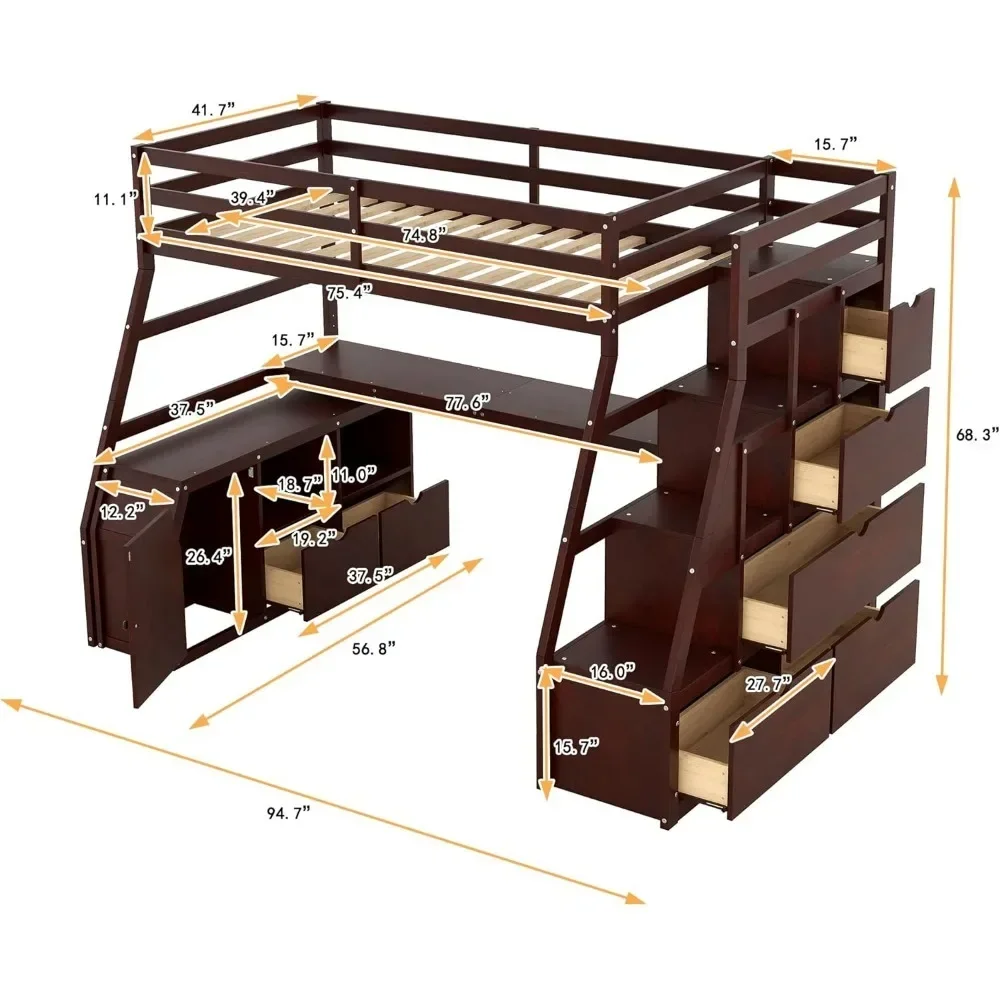 Loft Bed, with Stairs and Desk, with Storage 7 Drawers 2 Shelves, for Kids Teens Adults ,Solid Wood Loft Bed Frame