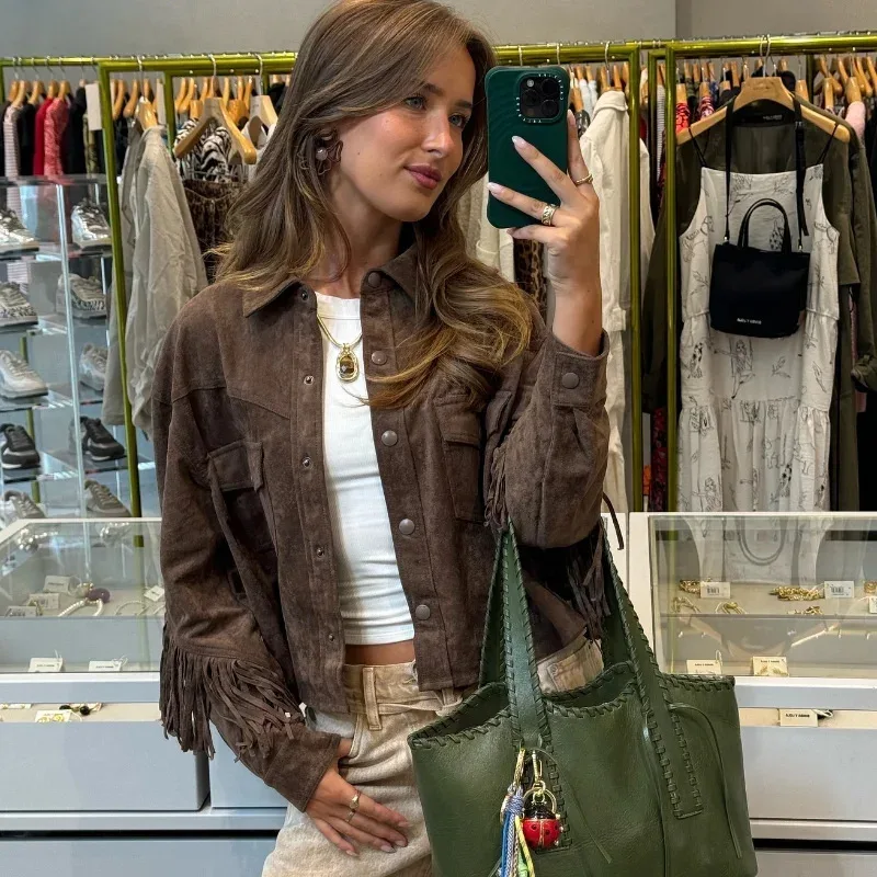 2025 Fall Women's Suede-Finish Fringe Jacket Vintage Truffle Brown Edgy Streetwear Retro Coat Euro-Chic Urban Edge