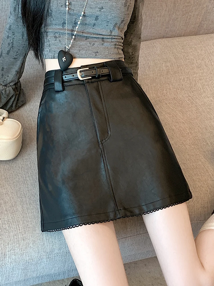 

Cé Brown High Waist PU Leather A-Line Skirt Women's Spring New Sle Slimming Anti-Light ort Skirt Cleanfit Brand