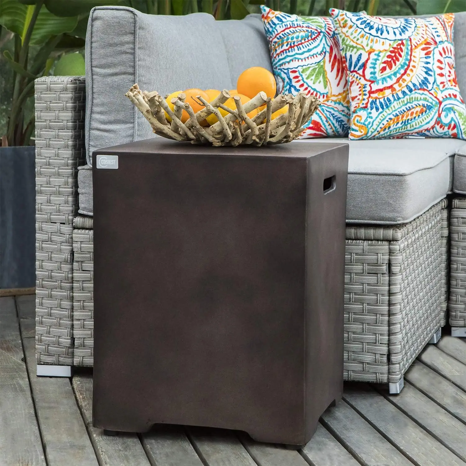 

Outdoor Hideaway Tank Table for Gas Fire Pits,Hides Standard 20lb 16-inch Propane Tank Cover,Concrete Bronze Finish,Side Handles