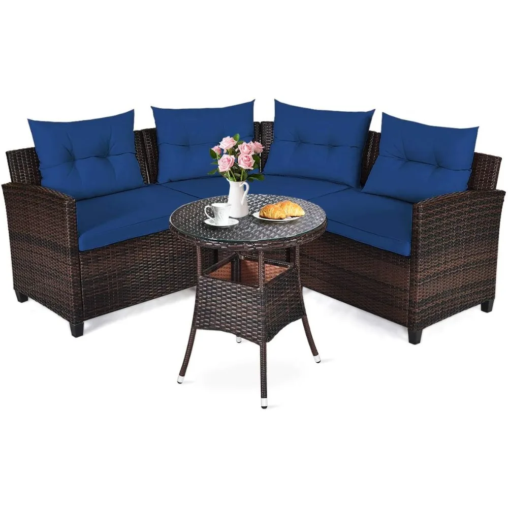 

4PCS Patio Furniture Set Outdoor Rattan Wicker Conversation Set with Sofa Cushioned Sofas and Coffee Table