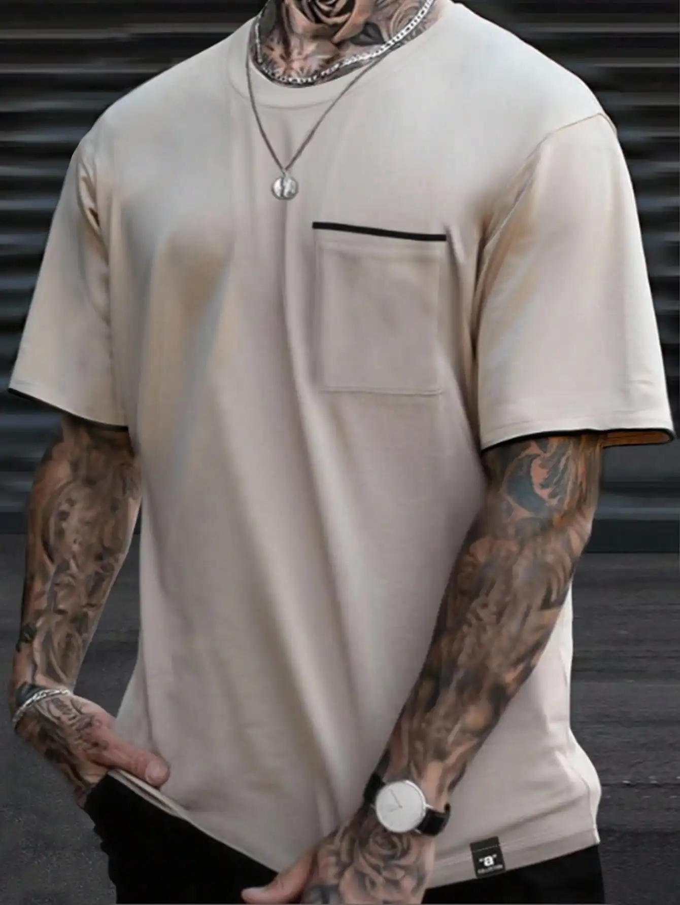 

Men's Beige Crew Neck Short Sleeve Pocket Tee - Casual Summer Wear