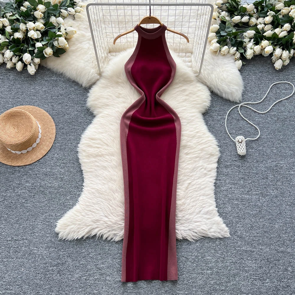 2025 Nuove donne di estate sexy senza maniche elastico con spalle scoperte abito lavorato a maglia Hit Color Patchwork Slim aderente Halter Max abito lungo