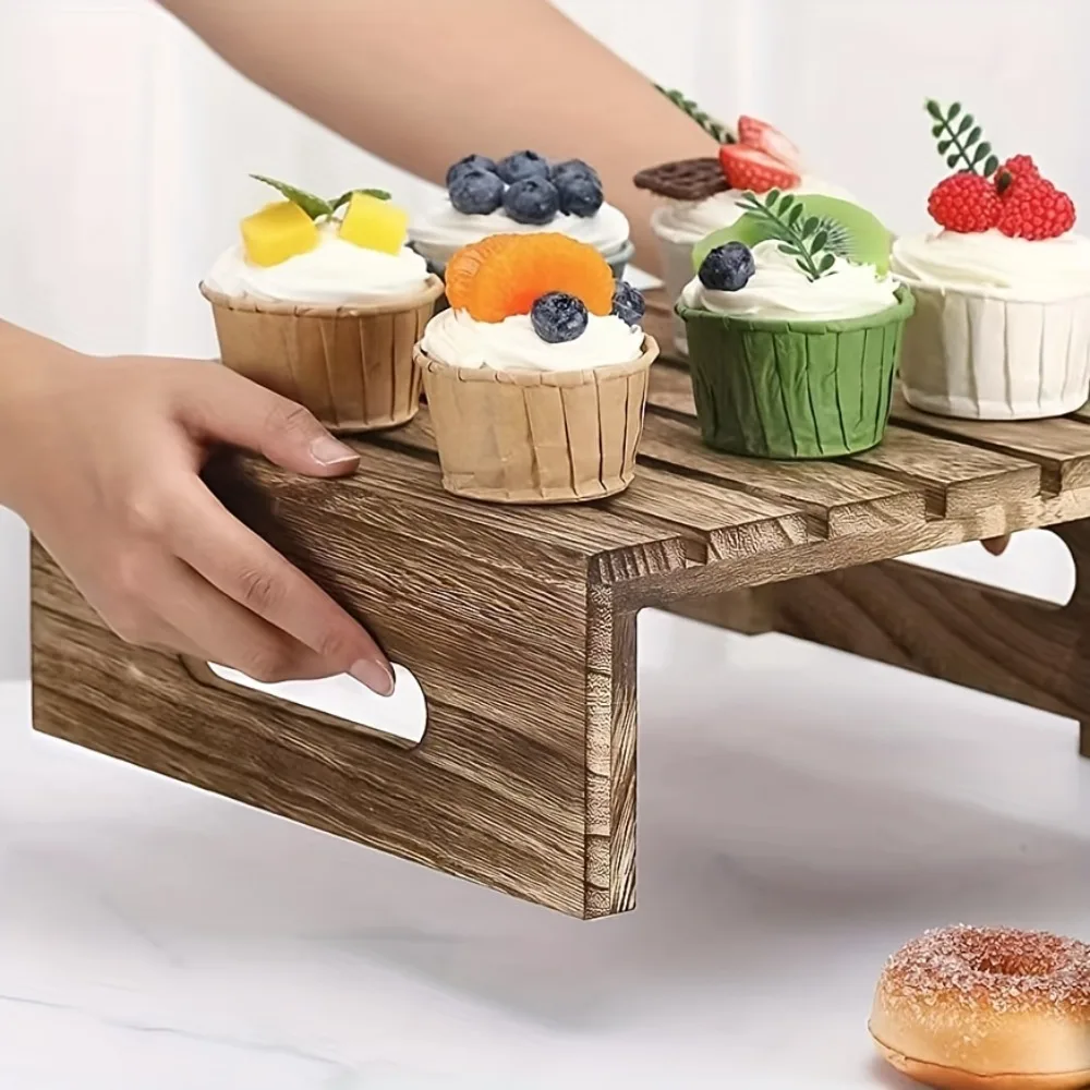 Wooden Display Stand Rustic Burnt Wood Elevated Serving Stand for Dessert Food Charcuterie Outdoor Wedding Party Kitchen Counter