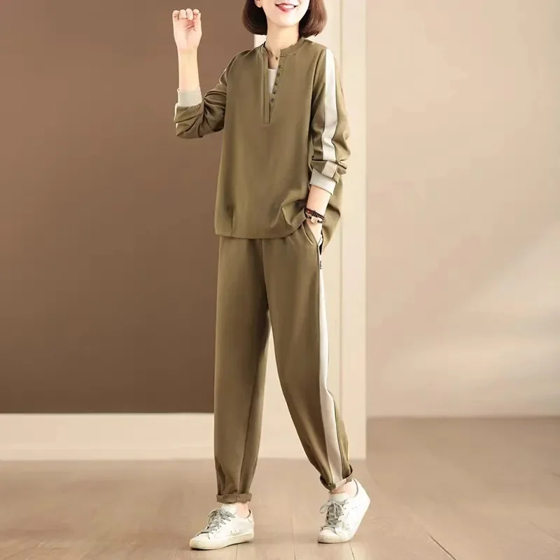 

Korean Femme Long Sleeves Sweatshirt 2PCS 2025 Women Casual Solid Color Outfit Spring Autumn Ladies Fashion Hoodie Two-piece Set