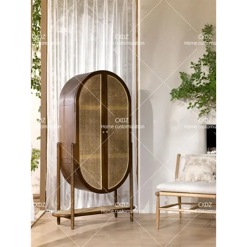 Rattan Side Cabinet Japanese Nordic Style Tea Wine Cabinet Modern Simple Solid Wood Storage Cupboard Living Room Locker