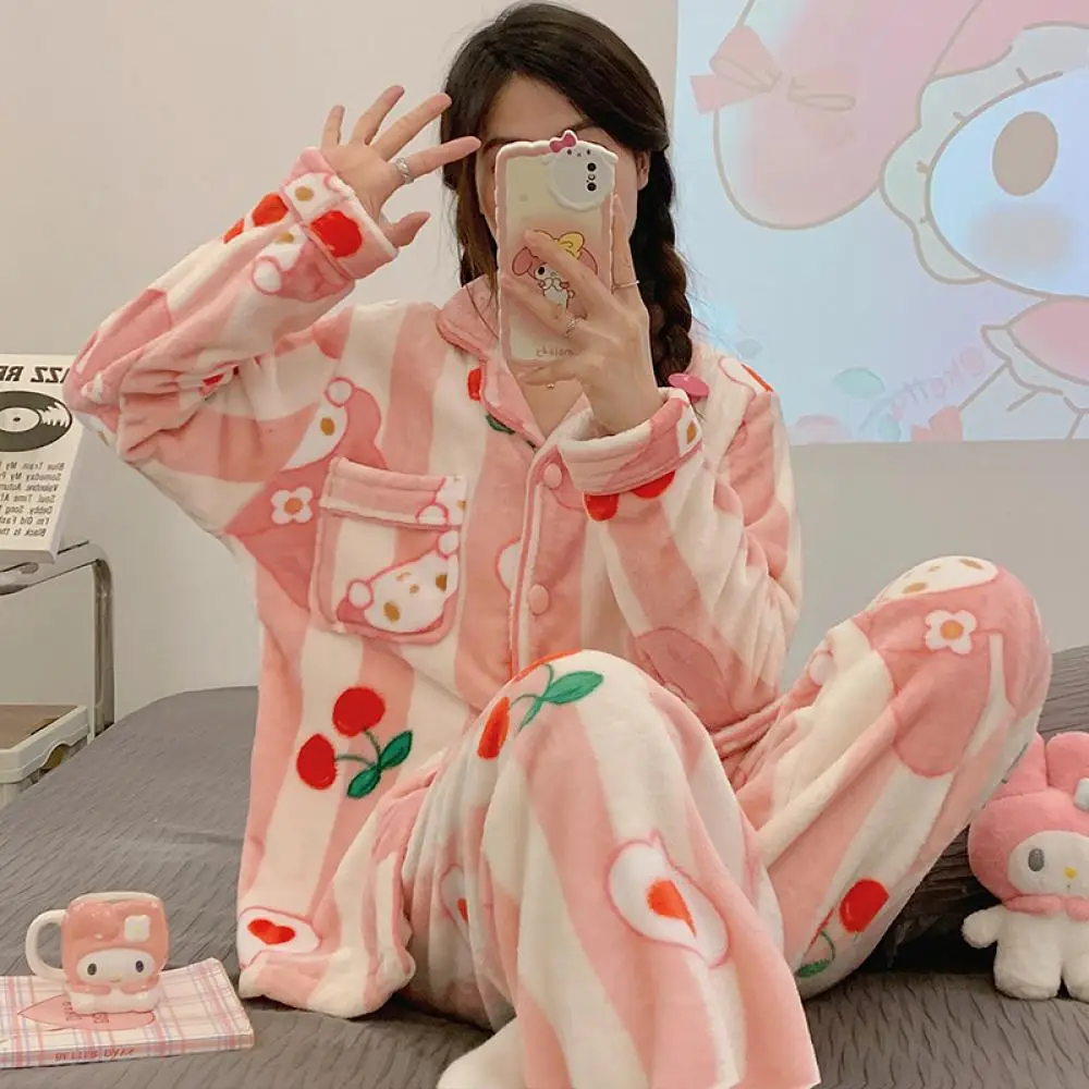 Hello Kitty Kuromi Plush Pajamas Set Women Cardigan Flannel Homewear Sanrioed Kawaii Anime Thicken Cartoon Autumn Winter Sweet
