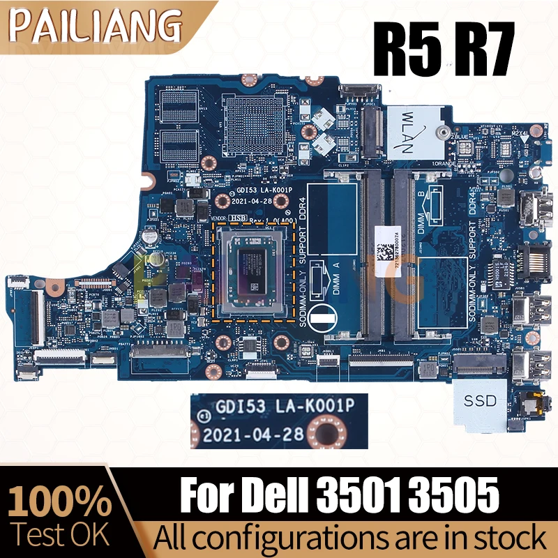 

For DELL 3501 3505 Notebook Mainboard Laptop LA-K001P R5-3500U R7-3700U 05HPX6 0DRFWY Motherboard Full Tested