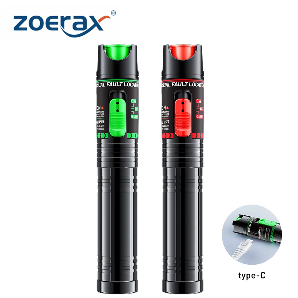 ZoeRax 15/30mW Green Light VFL Visual Fault Locator Type-C Rechargeable Fiber Optic Test Pen FC LC Adapter Cable Fault Detector