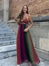 HH Female Summer Elegant Dress Deep V Neck Spaghetti Strap Tie Dye Printed Chiffon Sexy Women's Chic Evening Vintage Dresses