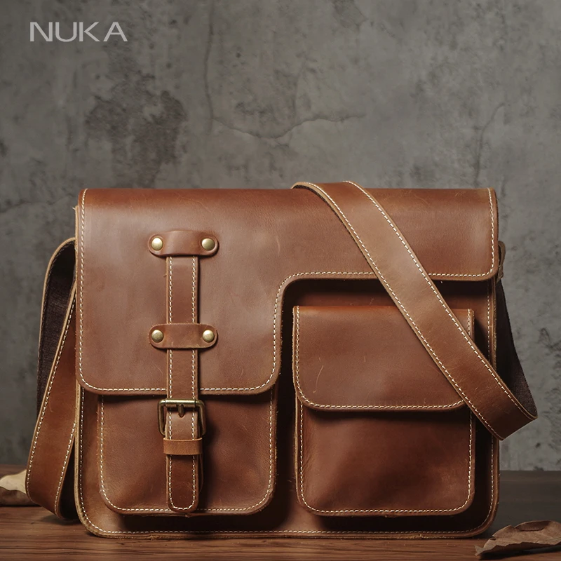 NUKA Men's Genuine Leather Shoulder Bag High Quality Luxury Designer Messenger Bag Vintage Top Crazy Horse Cowhide Crossbody Bag