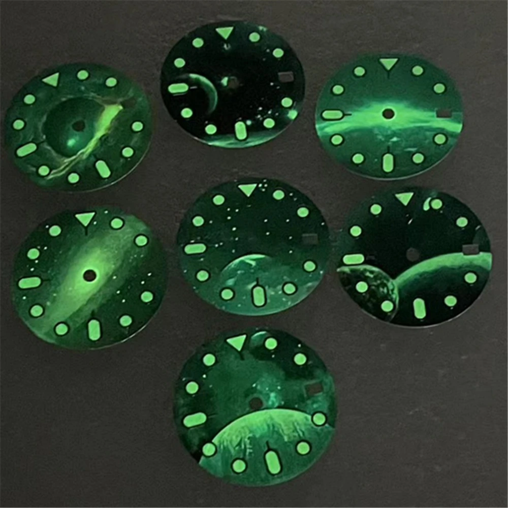 NH35 Dial 28.5mm  Starry Sky Moon Surface Mechanical Watch NH34 Space Luminous Surface Watch Accessories Green Luminous